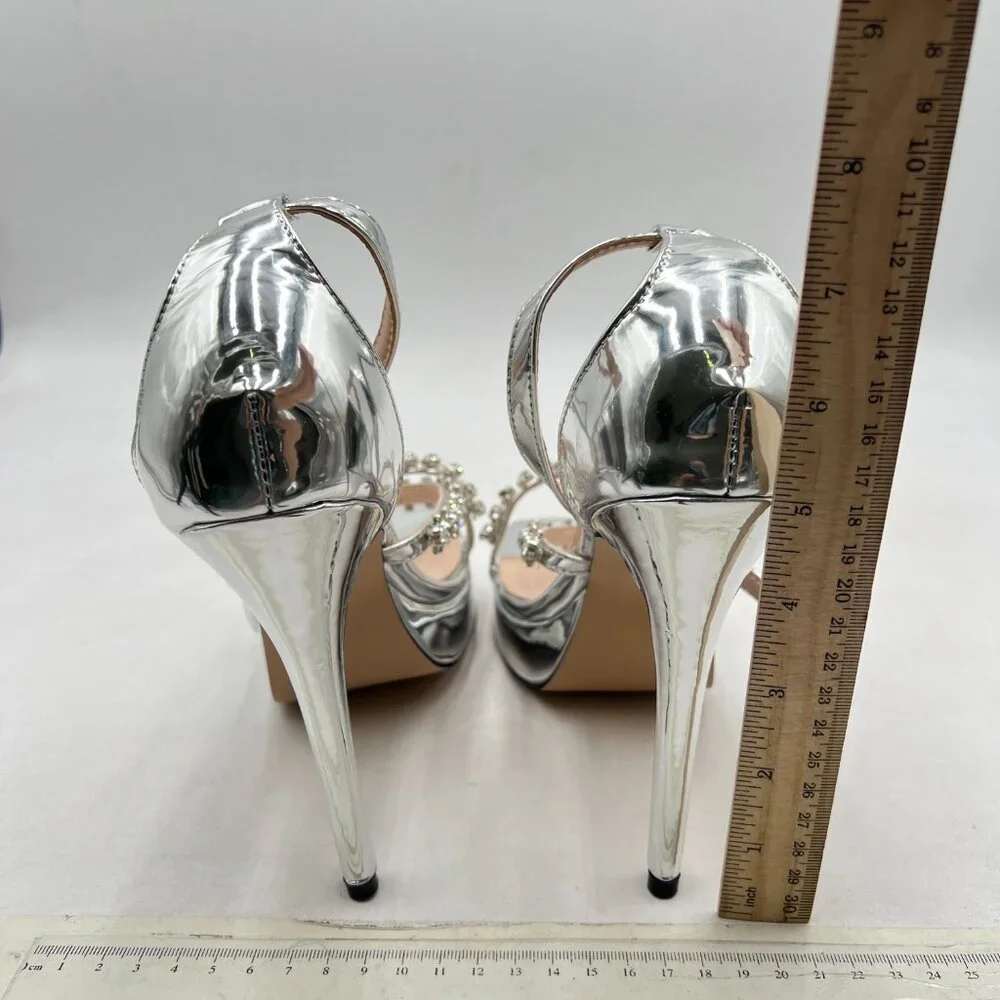 FSJ Metallic Silver Ankle Strap Sandal Rhinestone Stiletto Heel Shoe